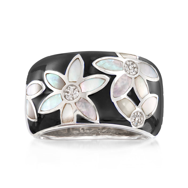 Black enamel ring with mother-of-pearl flower motifs and CZ accents in sterling silver