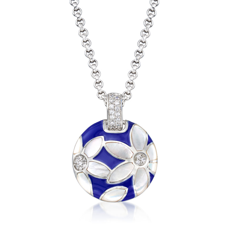 Belle Etoile moonflower pendant, blue enamel & mother-of-pearl, CZ in sterling silver