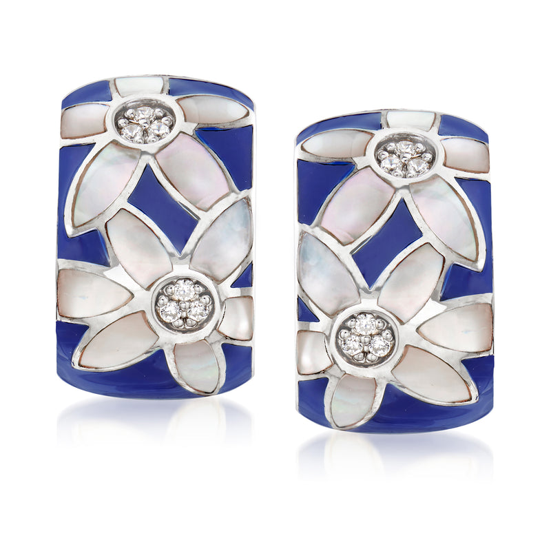 Sterling silver hoop earrings with blue enamel flower design and round CZ stones