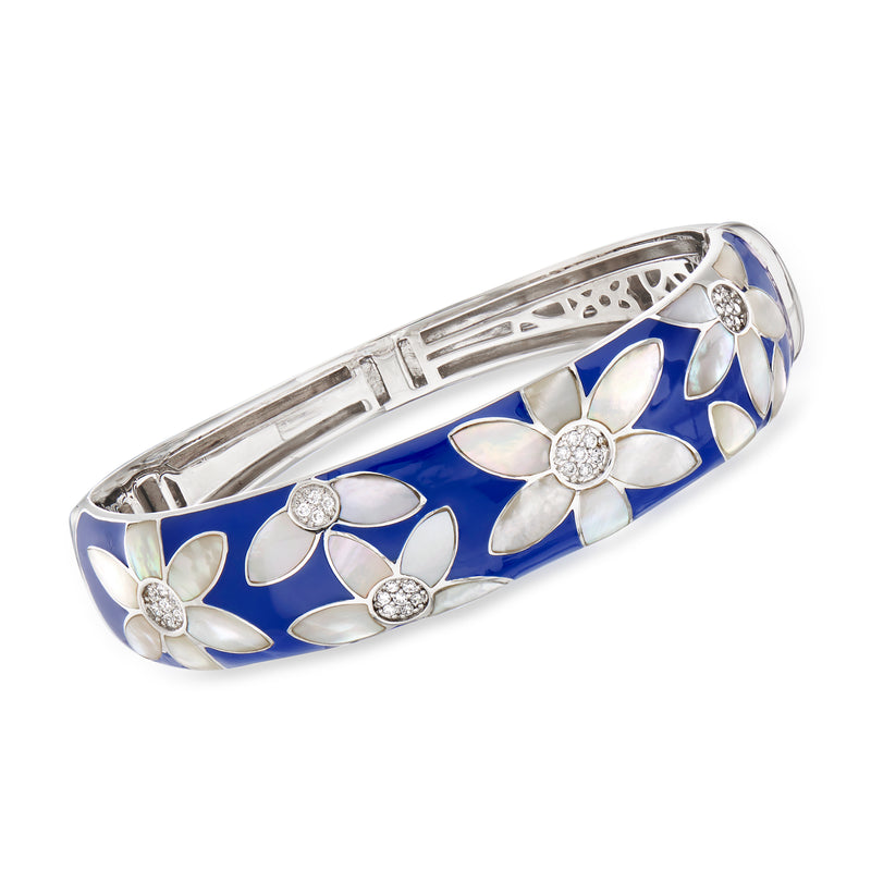 Sterling silver bangle bracelet with blue enamel and mother-of-pearl flower inlays CZ accents