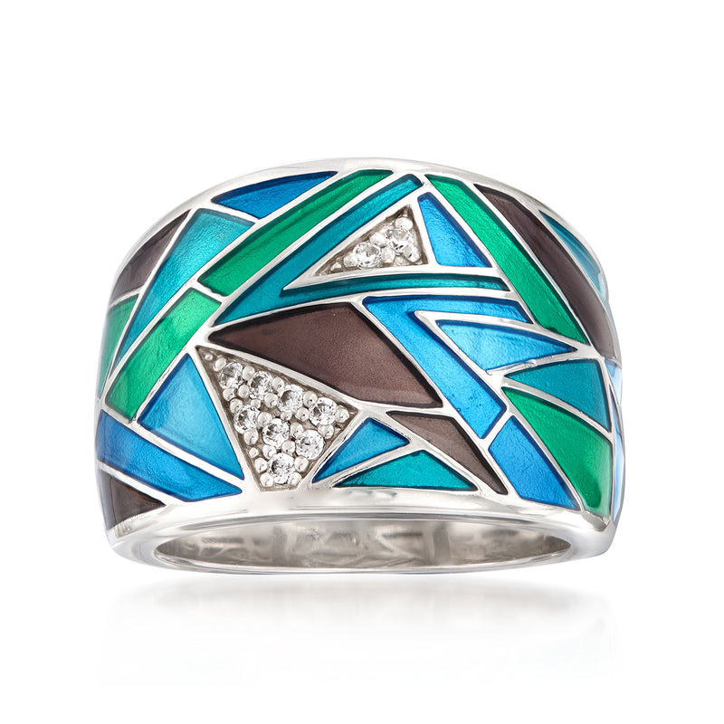 Sterling silver enamel ring with turquoise, blue, and green geometric panels and CZ accents