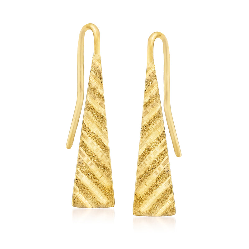 Yellow gold triangle drop earrings with textured diagonal stripes and curved earwires