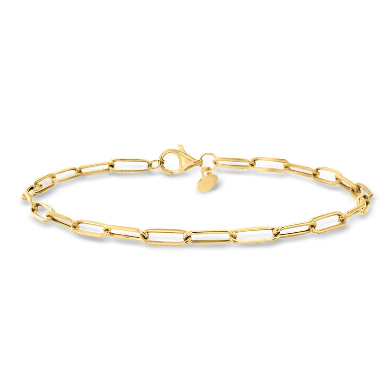 18kt yellow gold paper clip link bracelet with heart charm and lobster clasp