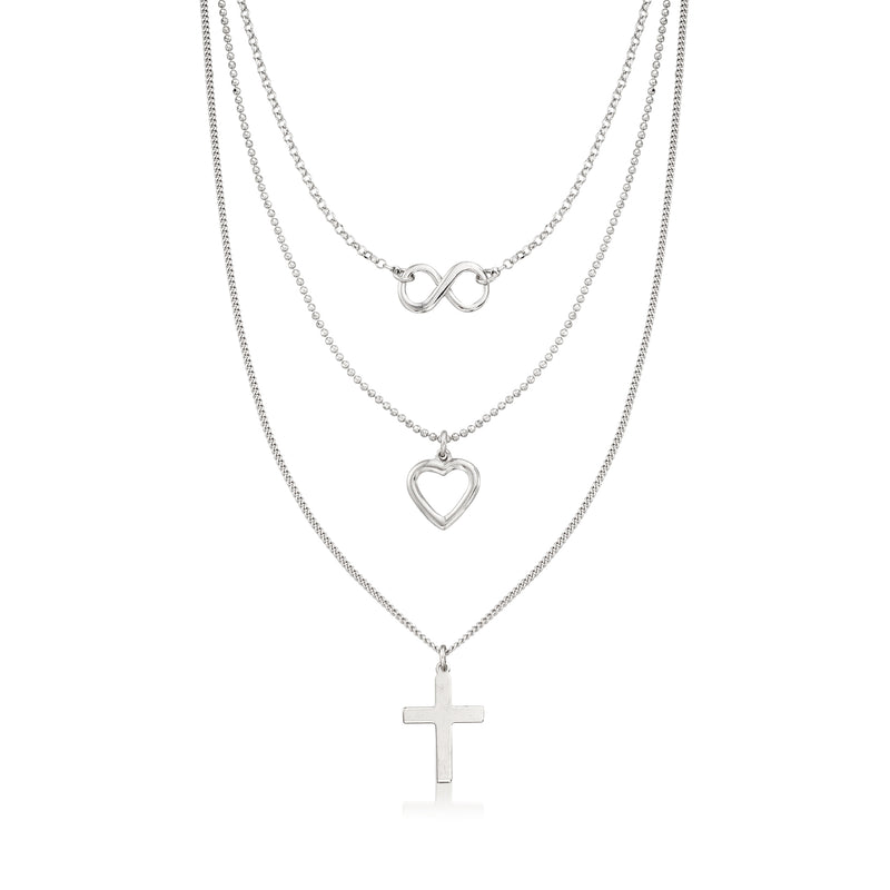 Sterling silver layered necklace with infinity, heart, and cross pendants