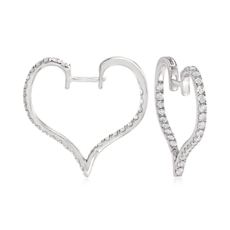 Sterling silver heart hoop earrings with round diamond accents