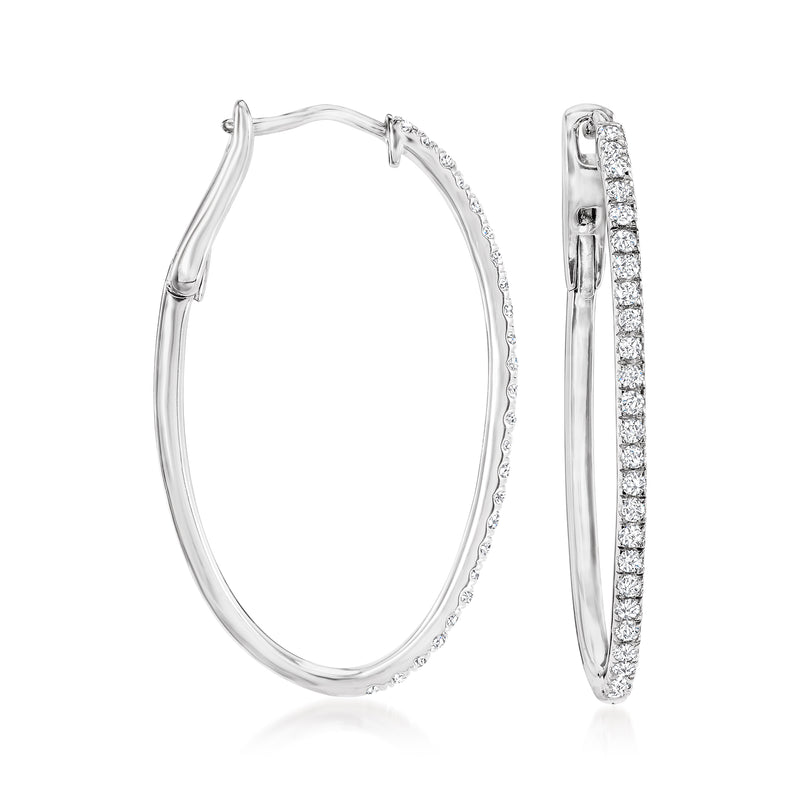 Diamond oval hoop earrings in sterling silver, front and side views