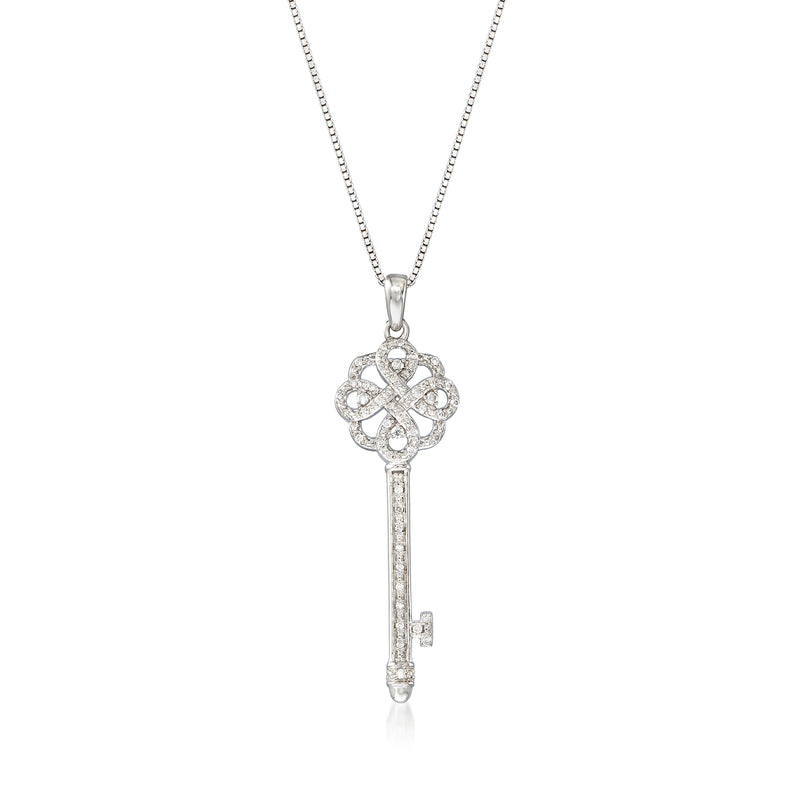 Sterling silver diamond key pendant necklace with round floral top and dangling key charm