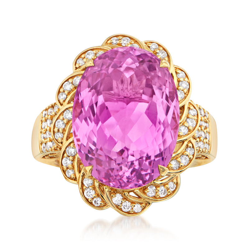 18k yellow gold kunzite and diamond ring with oval pink center stone and halo