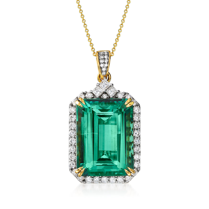 18k yellow gold pendant necklace with emerald-cut green tourmaline and diamond halo