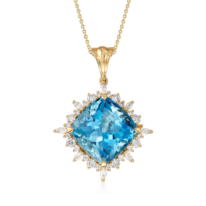 18k yellow gold pendant necklace with large blue aquamarine cushion and diamond halo