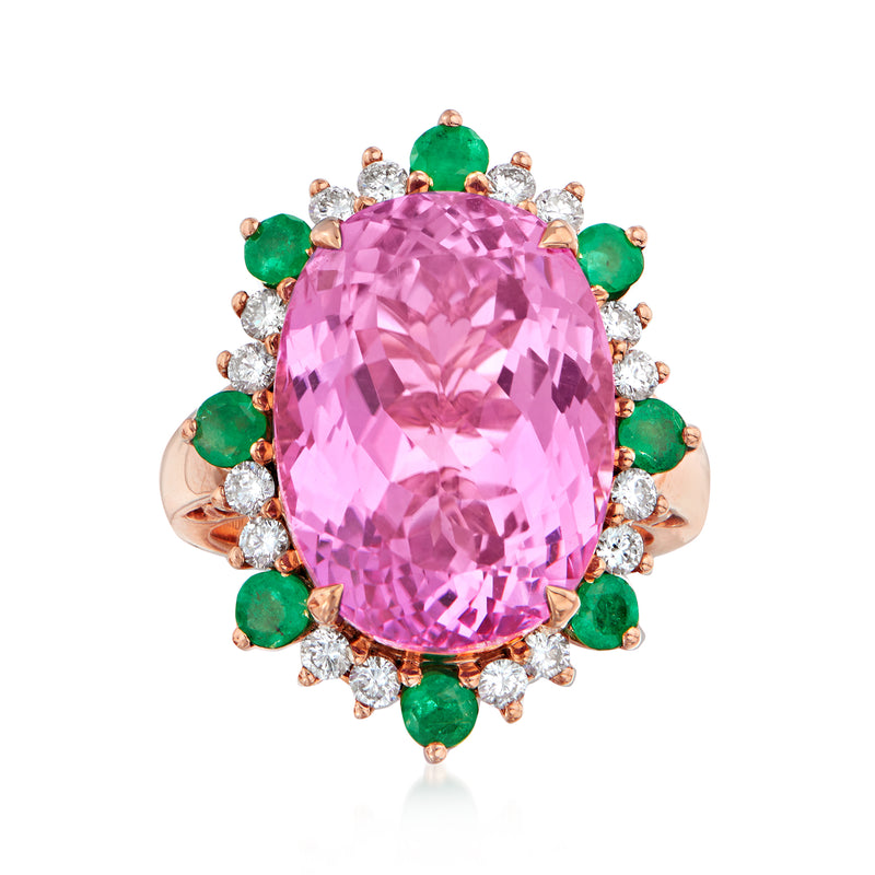 18kt rose gold ring with oval pink kunzite, green stones and diamond halo