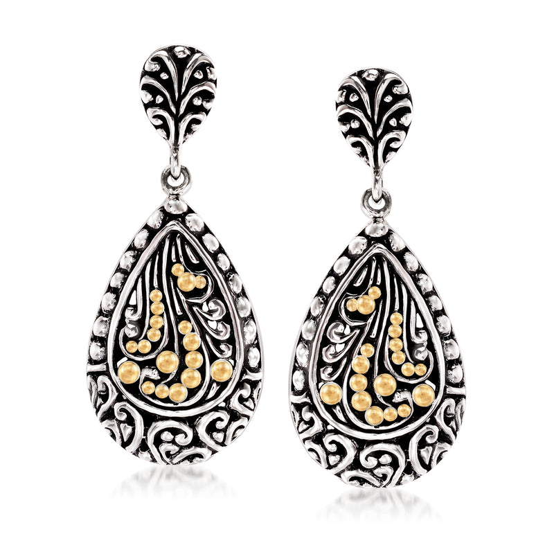 Bali-style teardrop drop earrings in silver with yellow gold bead accents