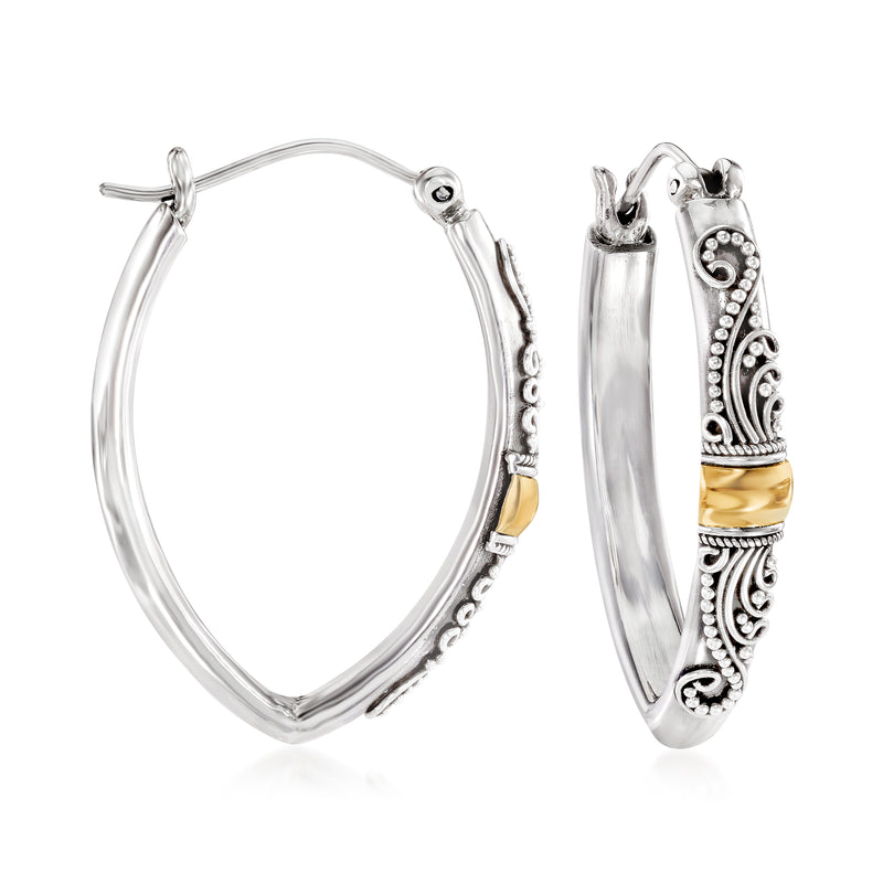 Sterling silver Bali-style hoop earrings with filigree detailing and yellow gold accents