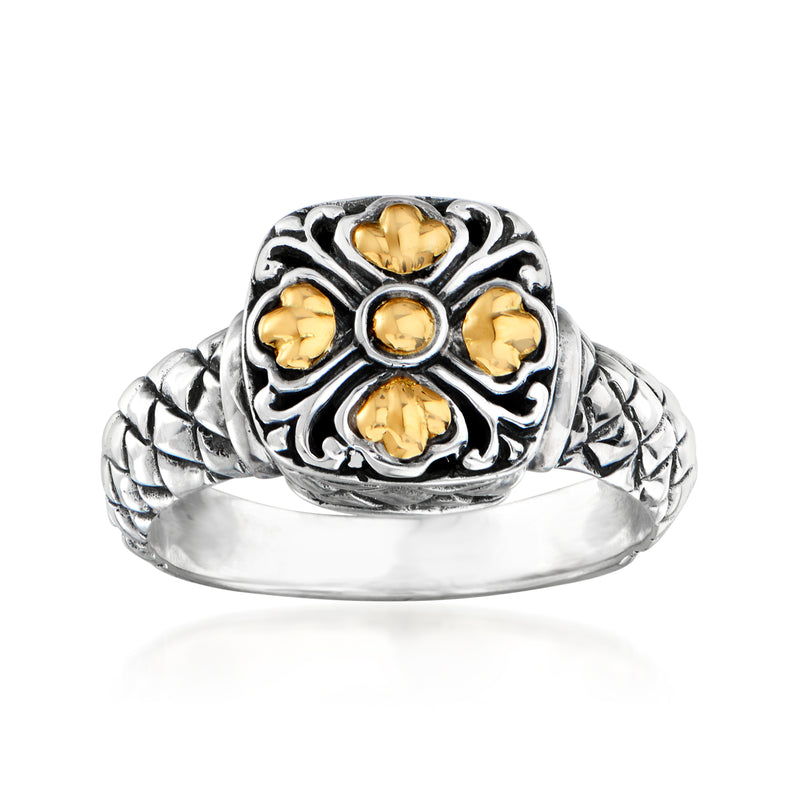 Sterling silver floral square-top ring with five 14kt yellow gold accents