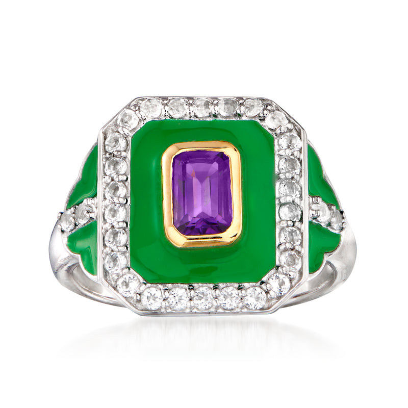 Sterling silver ring with green enamel panel, square amethyst center, diamond halo, gold bezel