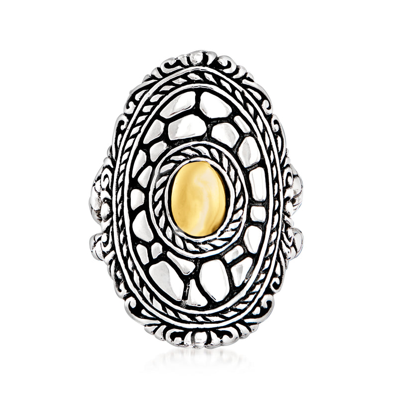 Bali-style sterling silver ring with oval bezel and 14kt yellow gold inlay