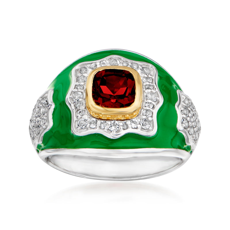 Sterling silver ring with cushion red garnet, clear stones, green enamel, gold bezel
