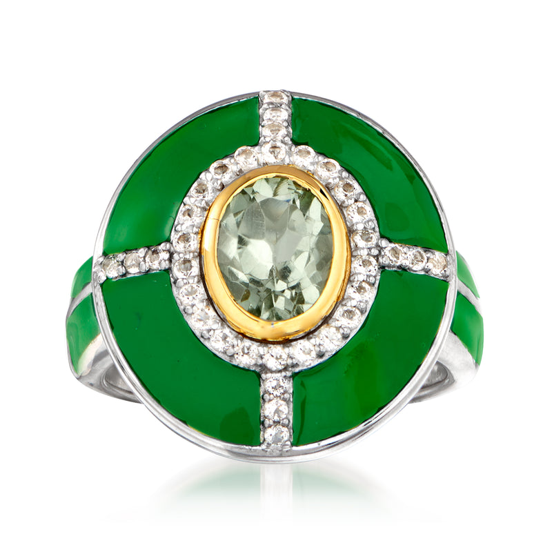 Sterling silver ring with oval green gemstone, white stone halo, and green enamel