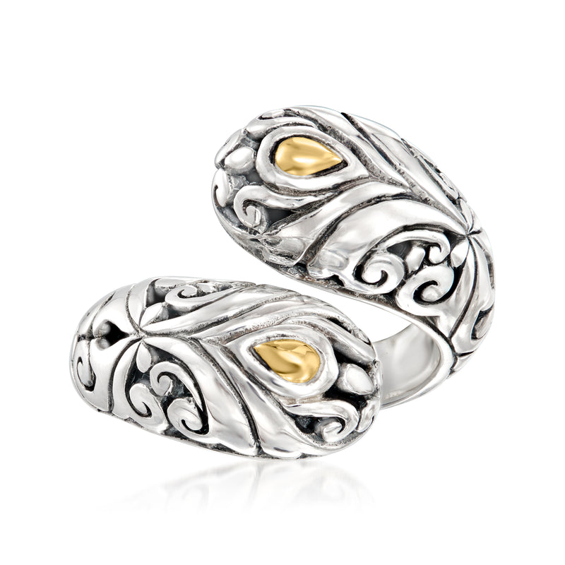 Sterling silver Bali-style bypass ring with yellow gold inlay swirl ovals
