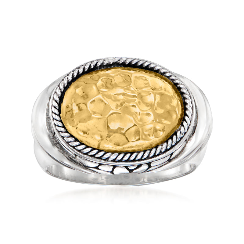 Sterling silver Bali-style oval ring with hammered 18kt yellow gold centerpiece