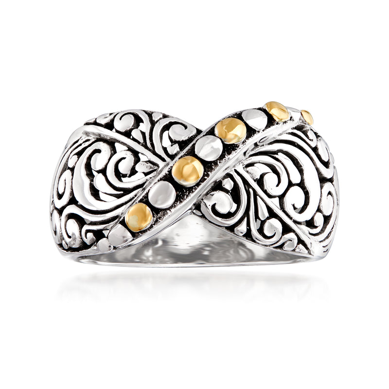 Sterling silver Bali-style X ring with ornate scrollwork and 14kt yellow gold dots