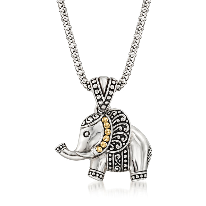 Silver and 18kt yellow gold Bali-style elephant pendant necklace on chain