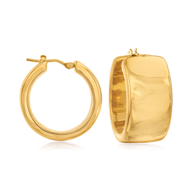 Gold over sterling hoop earrings with hinged clasp, polished oval hoops