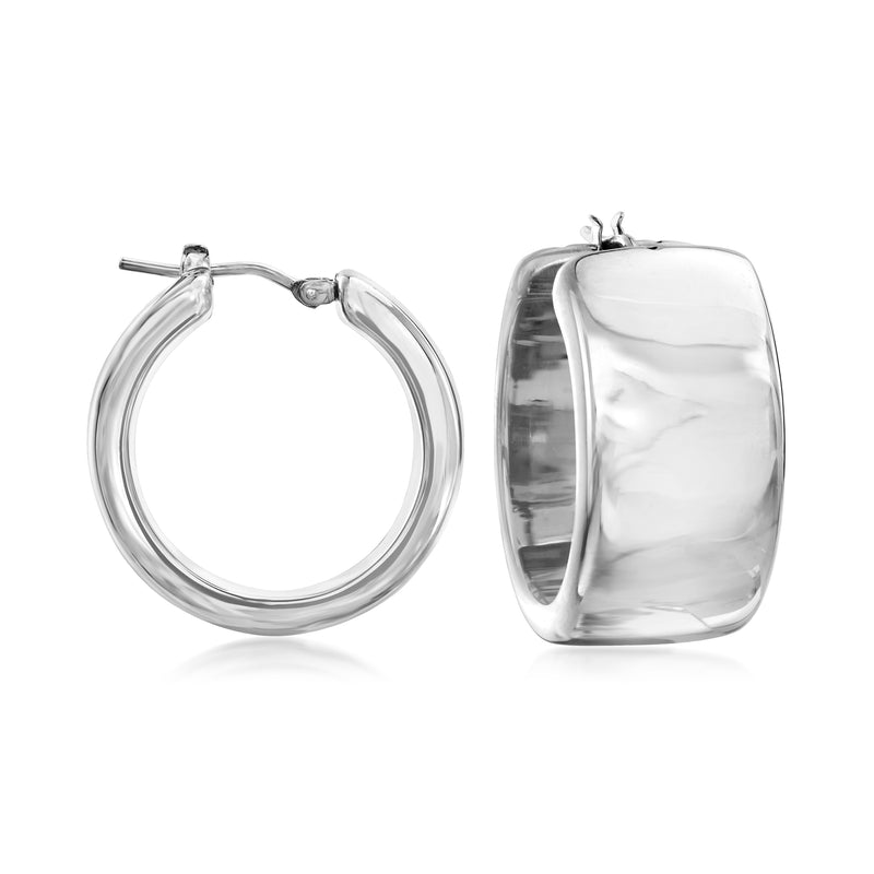 Sterling silver hoop earrings with hinged clasp, shiny polished finish