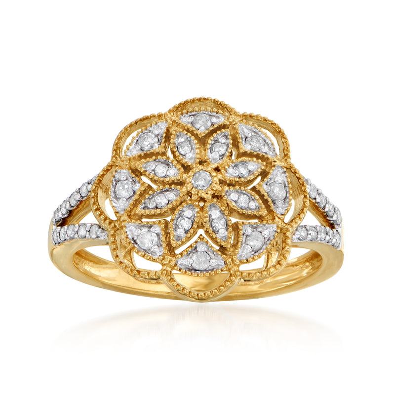 Gold over sterling diamond openwork floral ring with round stones, curved band