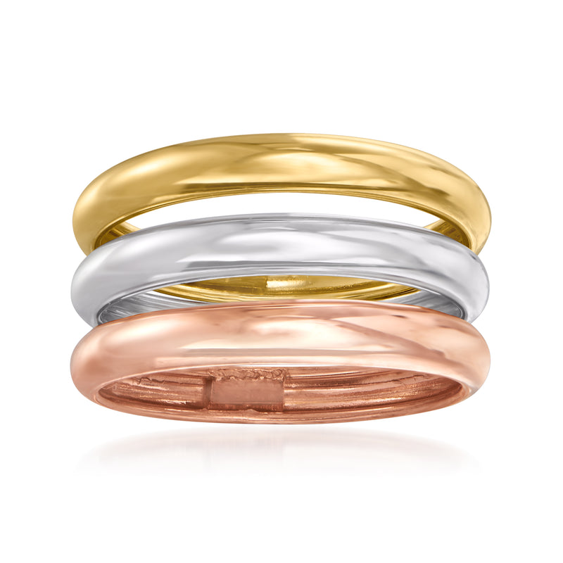 Tri-colored 14kt gold stackable ring set of three bands: yellow, white, and rose