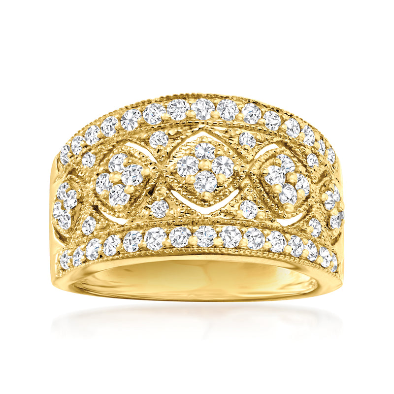 18kt gold over sterling diamond openwork floral ring with round stones, wide band