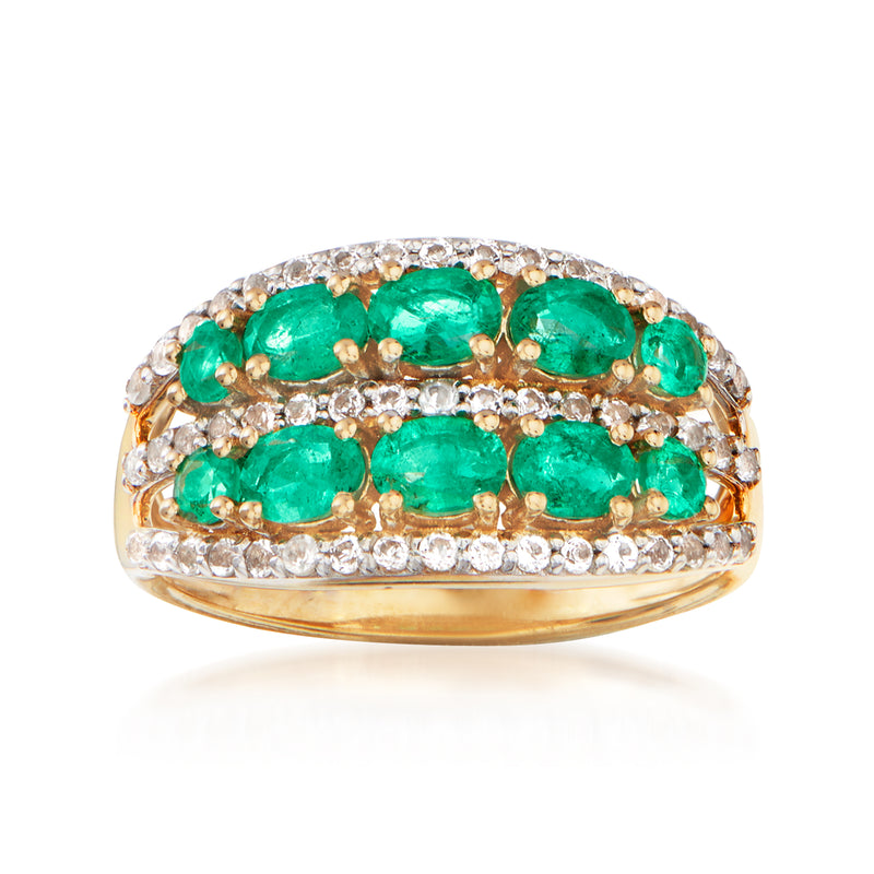 Gold over sterling ring with emerald rows and white topaz accents