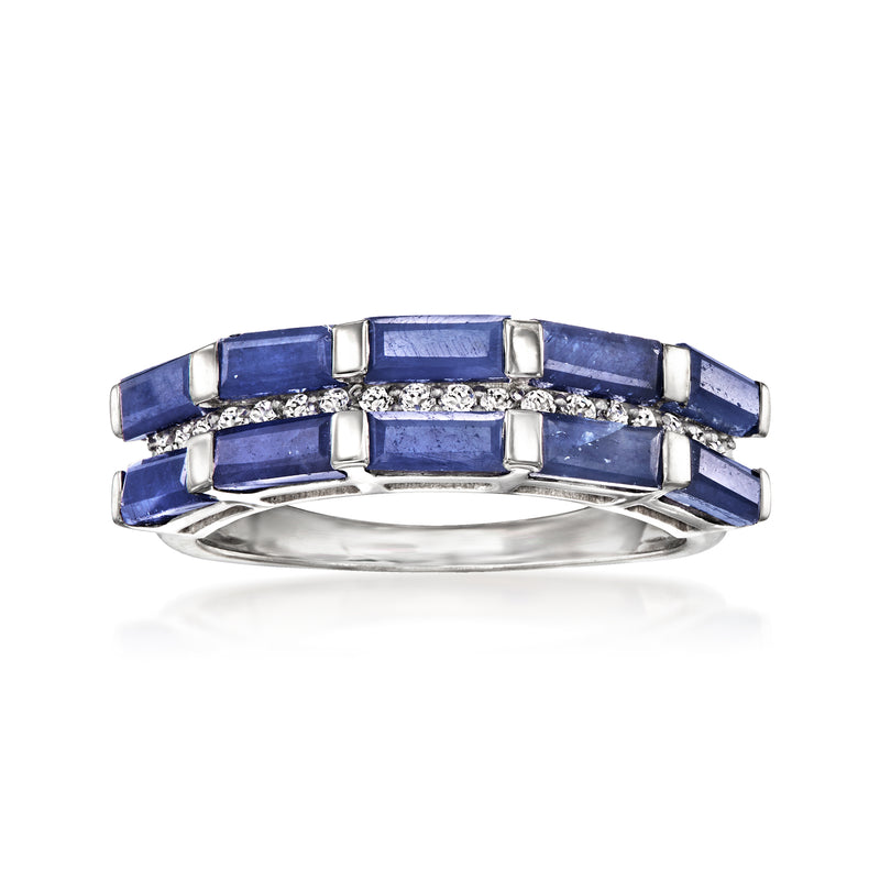 Sterling silver ring with blue sapphire and white topaz accents, openwork shank