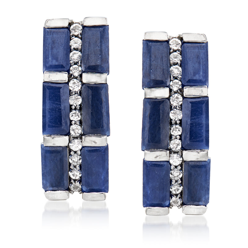 Sterling silver post earrings with rectangular blue sapphires and white topaz rows