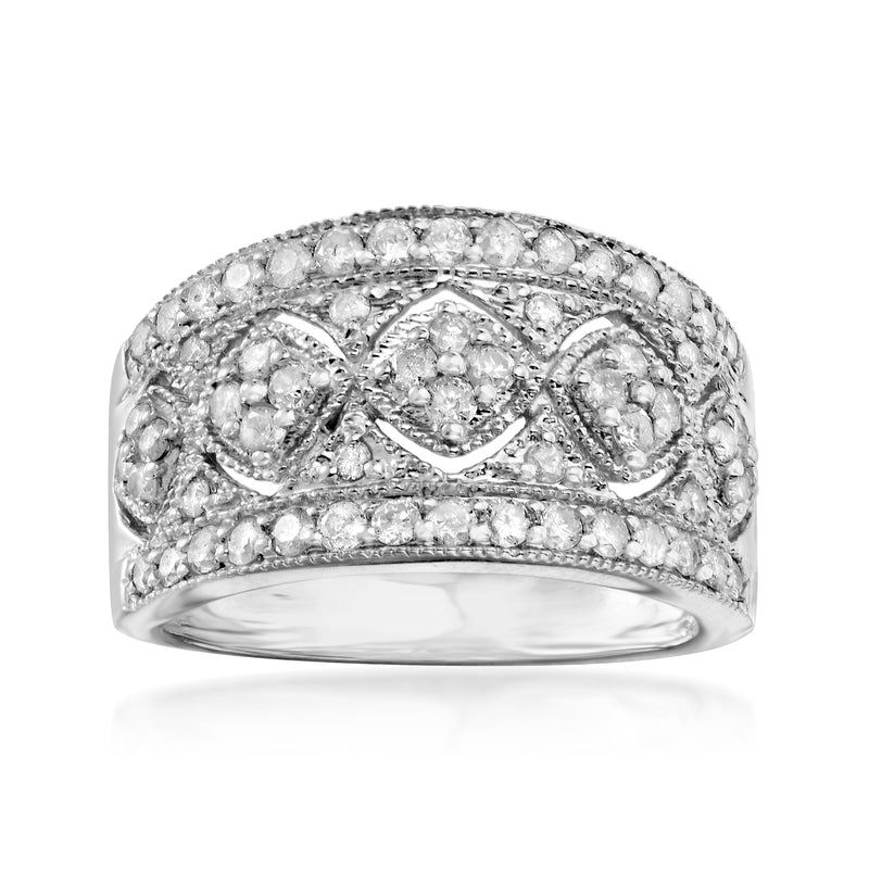 Sterling silver diamond openwork flower ring, front view