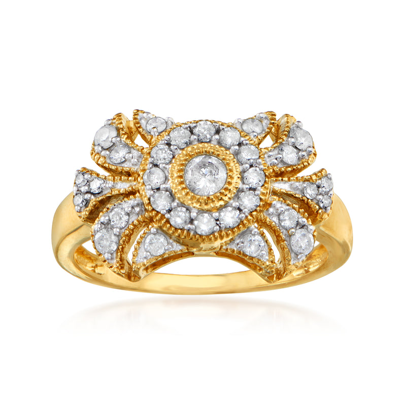 18kt gold over sterling open-space bow ring with round halo center and diamond accents
