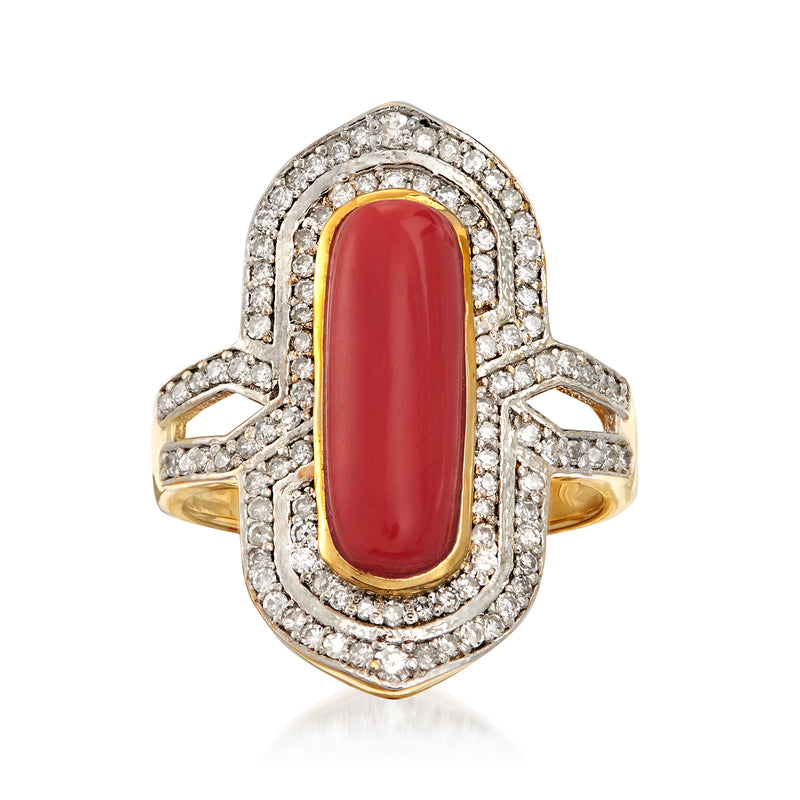 Gold over sterling ring with oval red coral center, surrounded by diamond accents