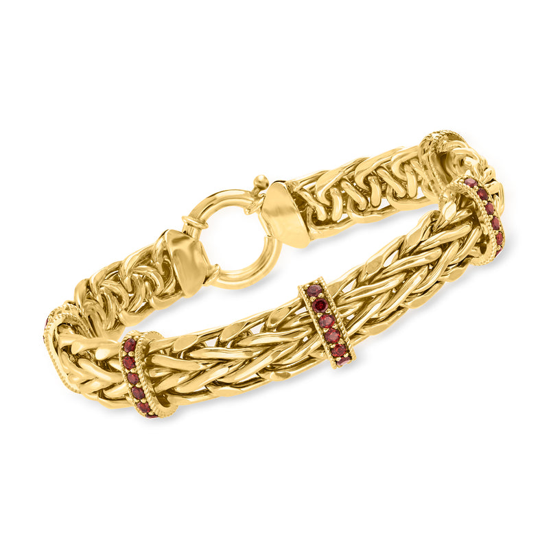 Garnet wheat-link station bracelet in gold over sterling with red gem stations