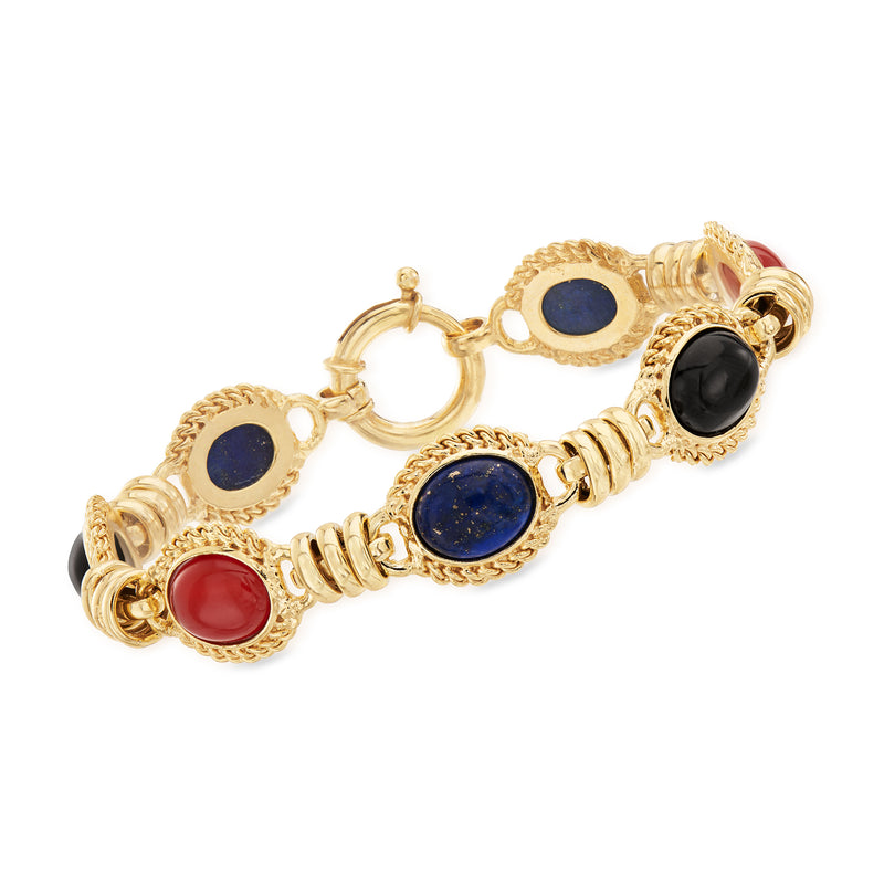 18kt gold over sterling station bracelet with blue, black, and orange-red oval stones