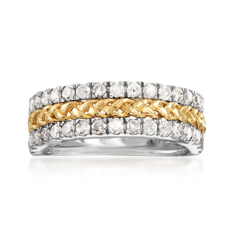 Braided diamond ring with yellow gold center and sterling silver diamond band