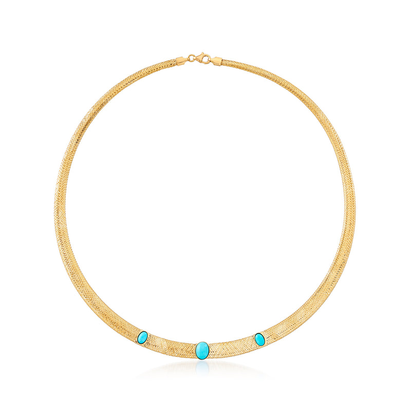 14kt yellow gold mesh necklace with small turquoise bead stations