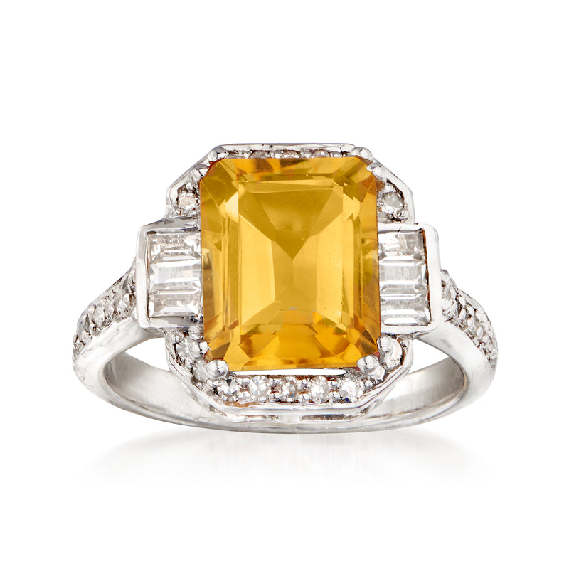 Sterling silver ring with cushion-cut citrine center, baguette diamonds on sides