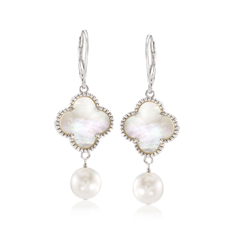 Sterling silver floral drop earrings with mother-of-pearl clover and cultured pearl drops