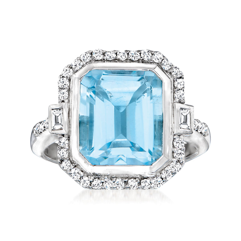 Sterling silver ring with large sky-blue topaz center, white diamond halo