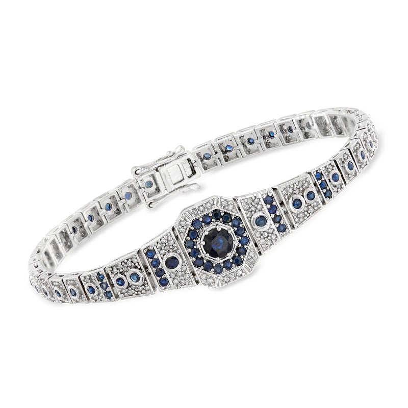Sterling silver sapphire and diamond bracelet with round blue center stone