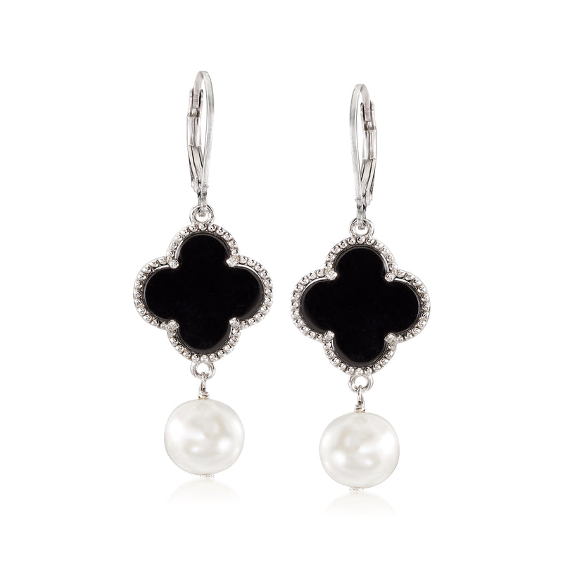 Sterling silver clover drop earrings with black onyx and cultured pearl, leverback