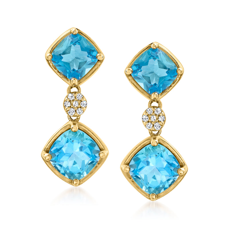 18kt gold over sterling drop earrings with blue square topaz and round accents