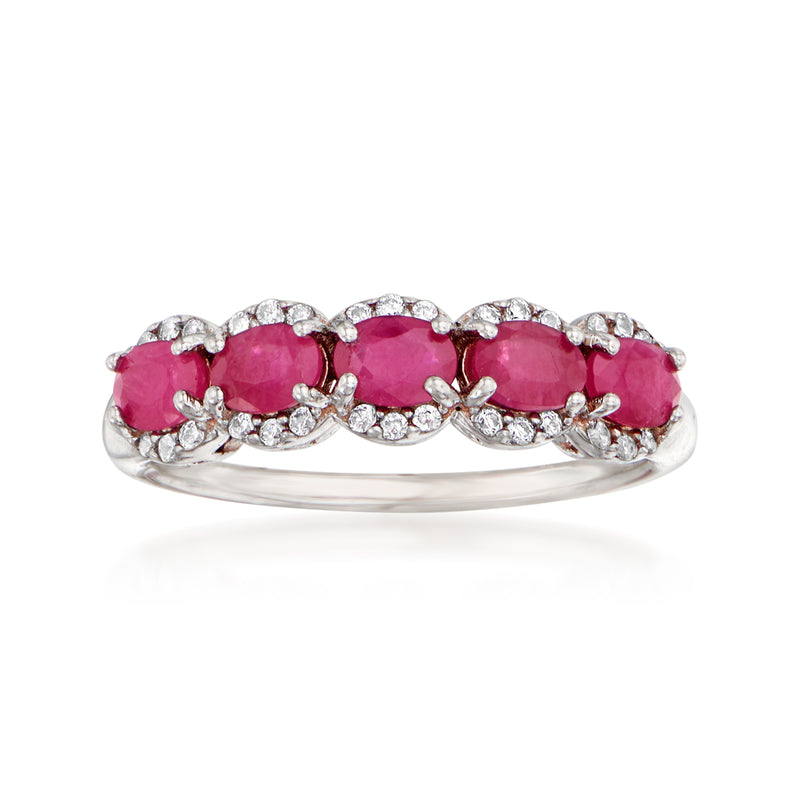 Sterling silver ring with oval pink ruby stones and white zircon accents