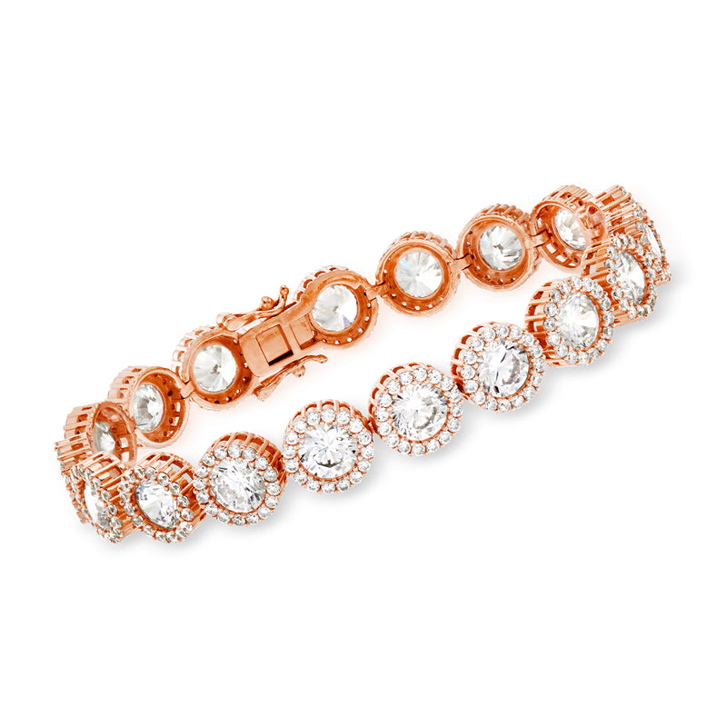 Rose gold CZ halo bracelet with round clear stones and prong settings
