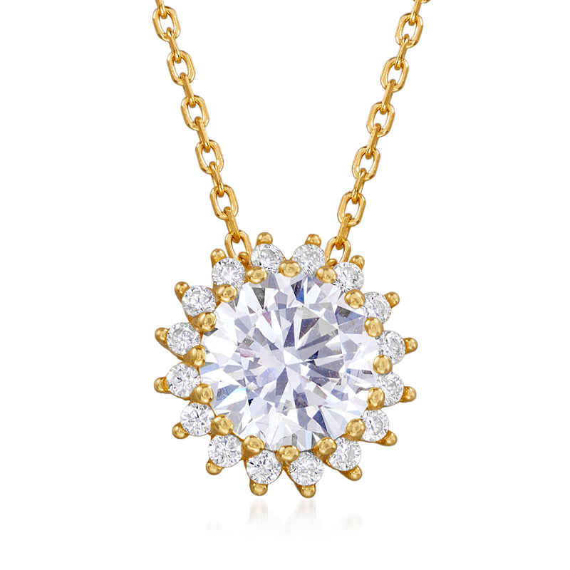 18kt gold over sterling CZ flower pendant necklace with round clear stones